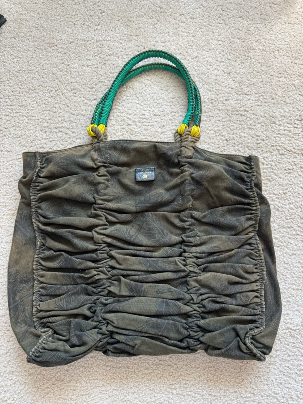 Juicy Couture Olive Green Ruched Tote with Green & Yellow Rope Handles
